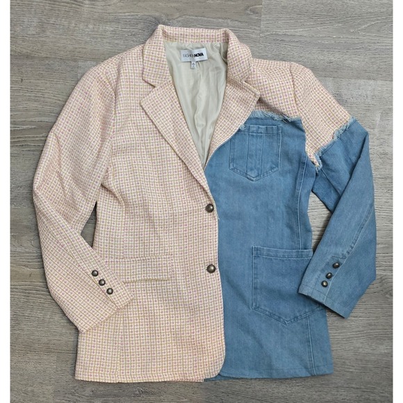 Fashion Nova Denim Tweed Blazer Jacket Women XL Pink Gold Blue - Picture 2 of 10